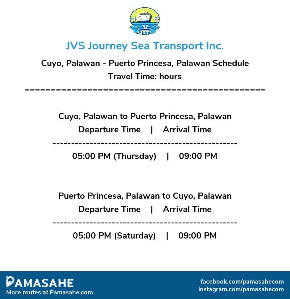 Cuyo, Palawan to Puerto Princesa, Palawan and vice versa: JVS Journey Sea Transport Inc Reference