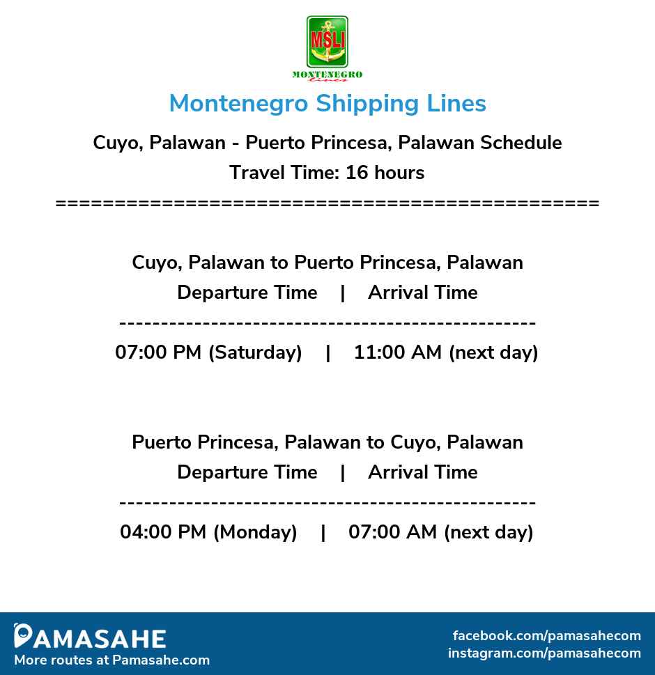 Cuyo, Palawan to Puerto Princesa, Palawan and vice versa: Montenegro Shipping Reference