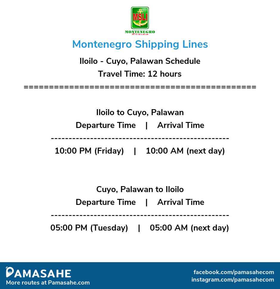 Iloilo to Cuyo, Palawan and vice versa: Montenegro Shipping Reference